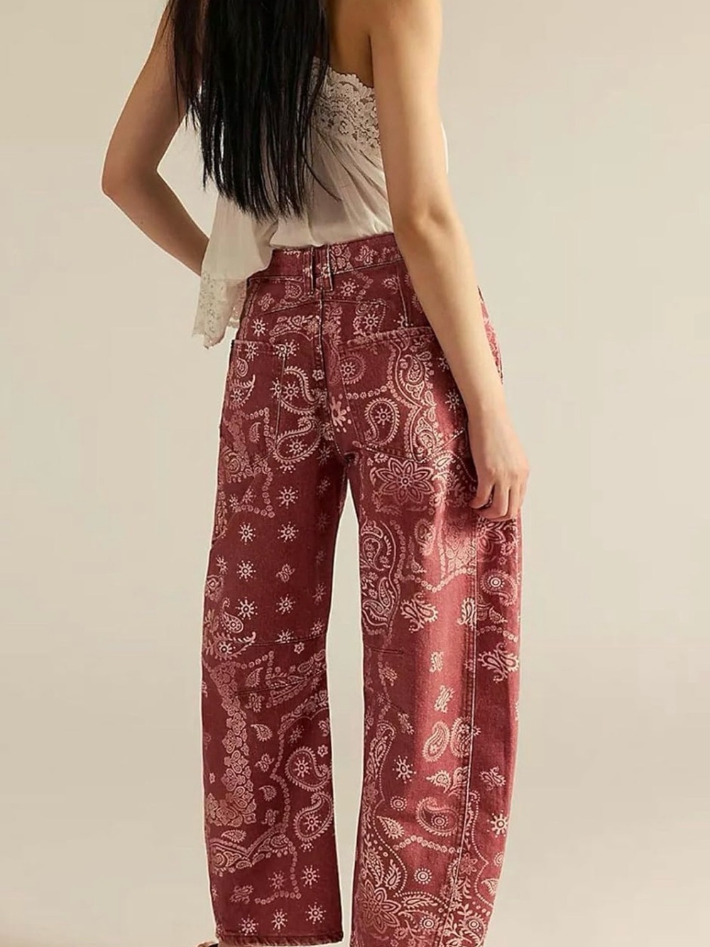 Boutique Red Bandana Paisley Printed Wide Leg Barrel Jeans - Picture 2 of 11